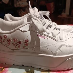 Puma Women's White Platform Sneaker with Pink Floral Accent